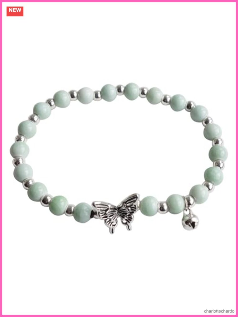 Ceramic Beaded Stretch Bracelet Butterfly Bell Charm Boho Jewelry